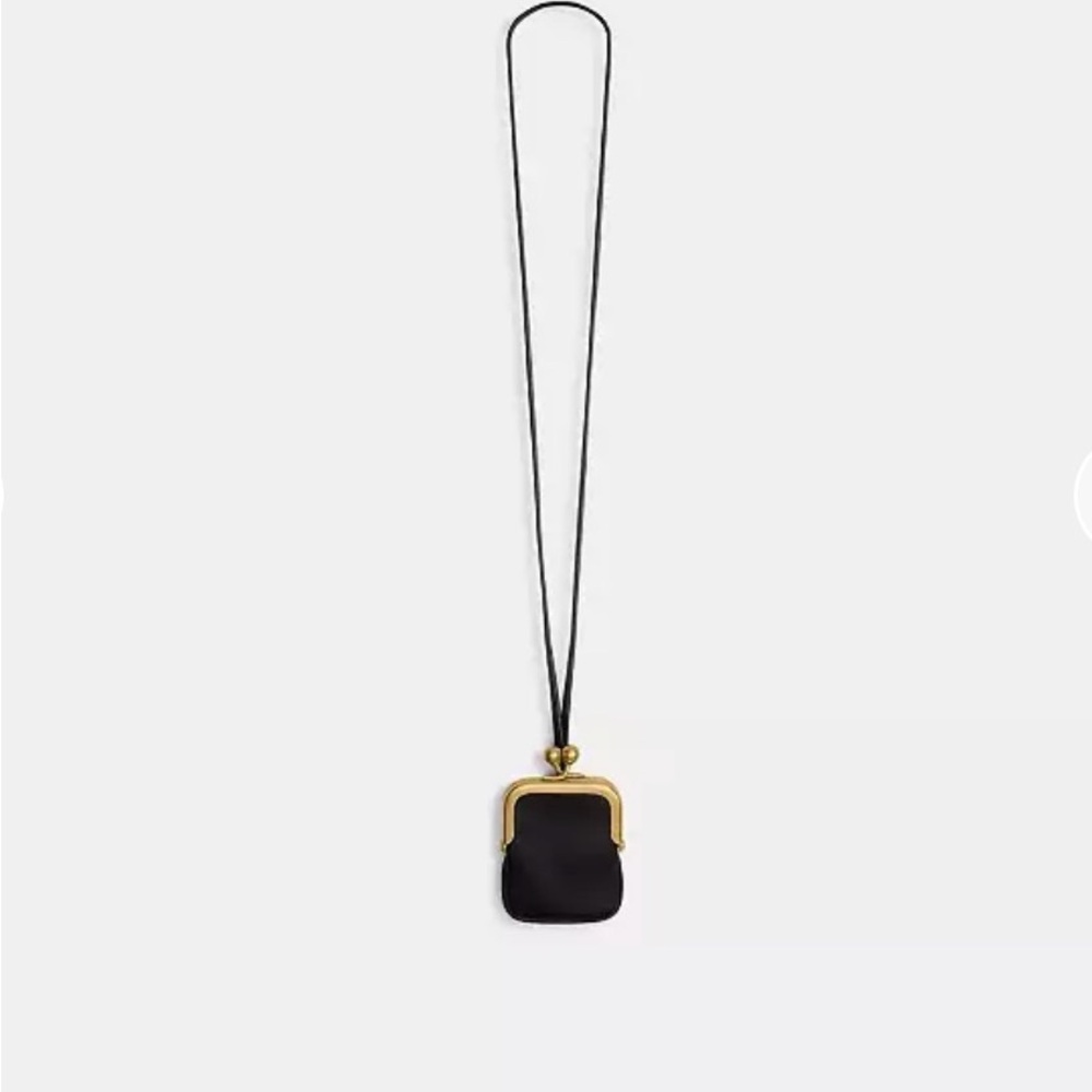Coach Black Leather Kisslock Coin Purse Necklace Charm NWT
